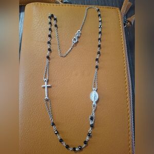 Silver-Tone Black Bead Rosary Style Necklace